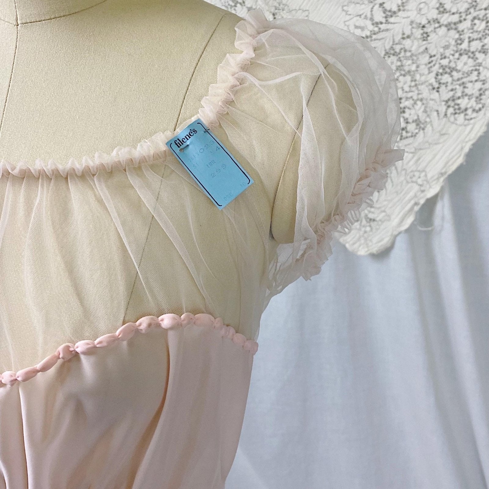 Vintage 1950's Nightgown | Semi Sheer Pink Nylon with Tulle Bodice and Puffed Sleeves | Size XS, S | By Beverly Vogue - New with Tags - Daggers & Dames