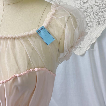 Vintage 1950's Nightgown | Semi Sheer Pink Nylon with Tulle Bodice and Puffed Sleeves | Size XS, S | By Beverly Vogue - New with Tags - Daggers & Dames