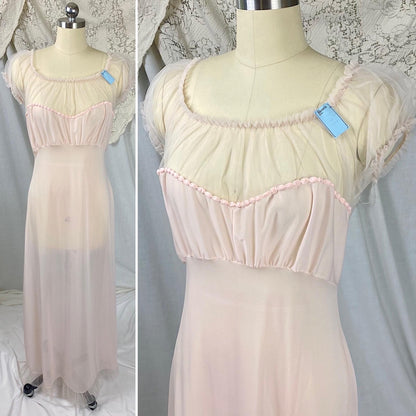 Vintage 1950's Nightgown | Semi Sheer Pink Nylon with Tulle Bodice and Puffed Sleeves | Size XS, S | By Beverly Vogue - New with Tags - Daggers & Dames