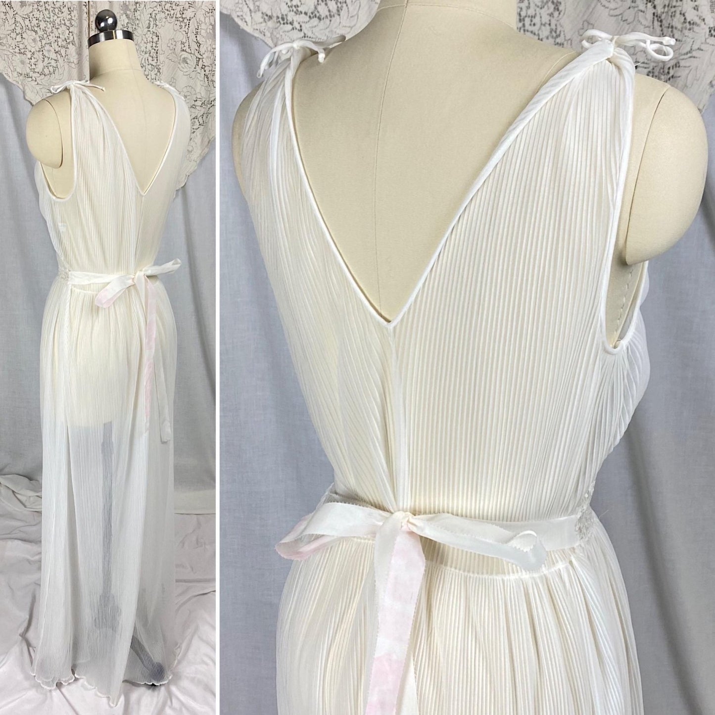Vintage 1950's Nightgown | Sheer White Crystal Pleated Nylon with Floral Lace Inserts | Size M | Mojud - Daggers & Dames