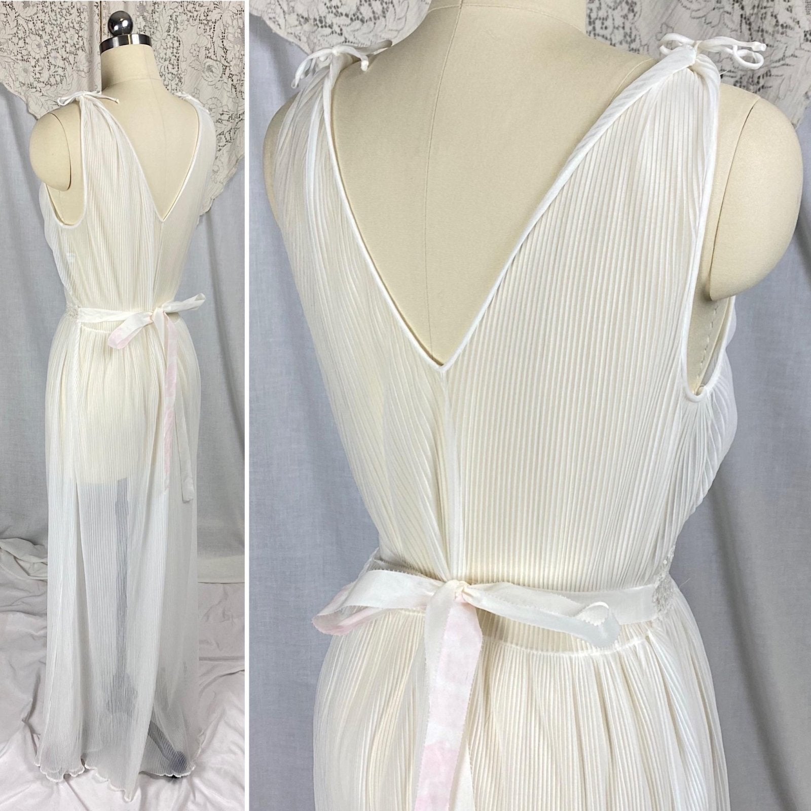 Vintage 1950's Nightgown | Sheer White Crystal Pleated Nylon with Floral Lace Inserts | Size M | Mojud - Daggers & Dames