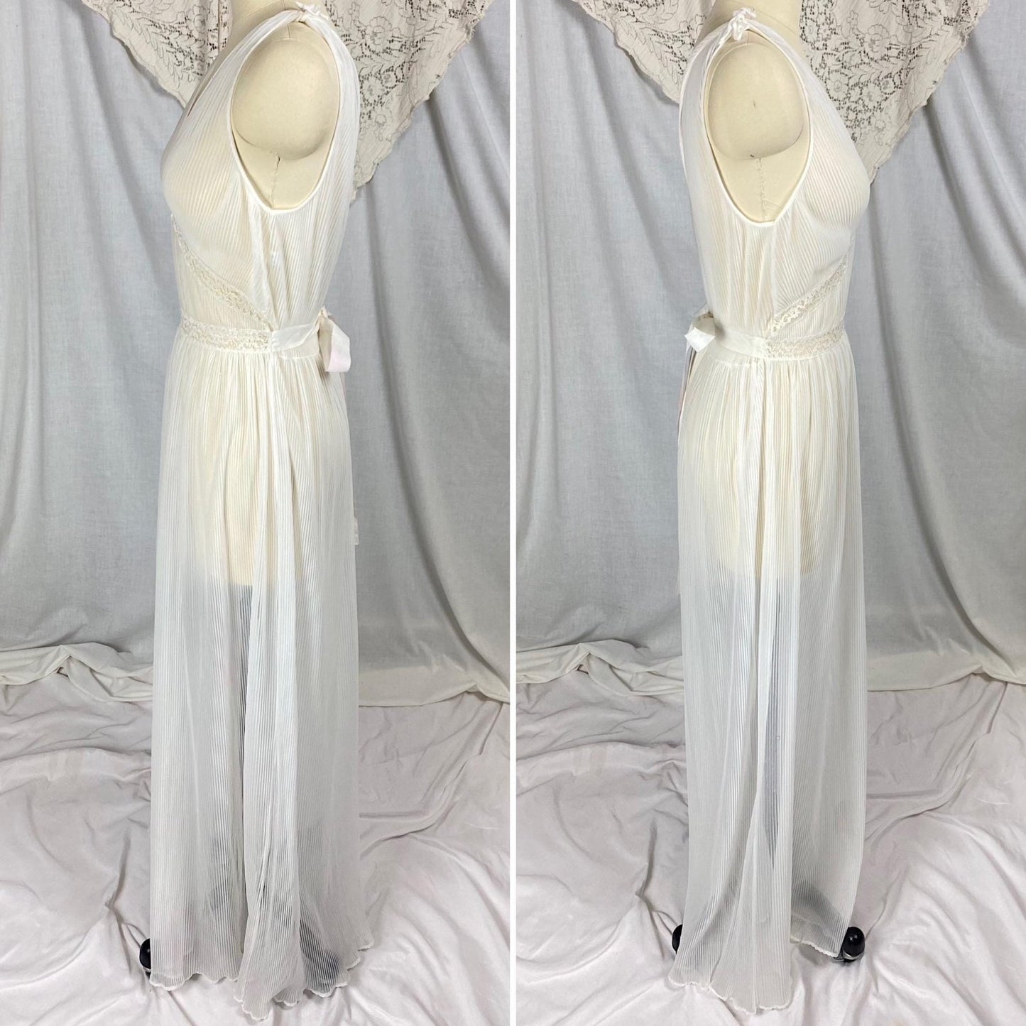 Vintage 1950's Nightgown | Sheer White Crystal Pleated Nylon with Floral Lace Inserts | Size M | Mojud - Daggers & Dames