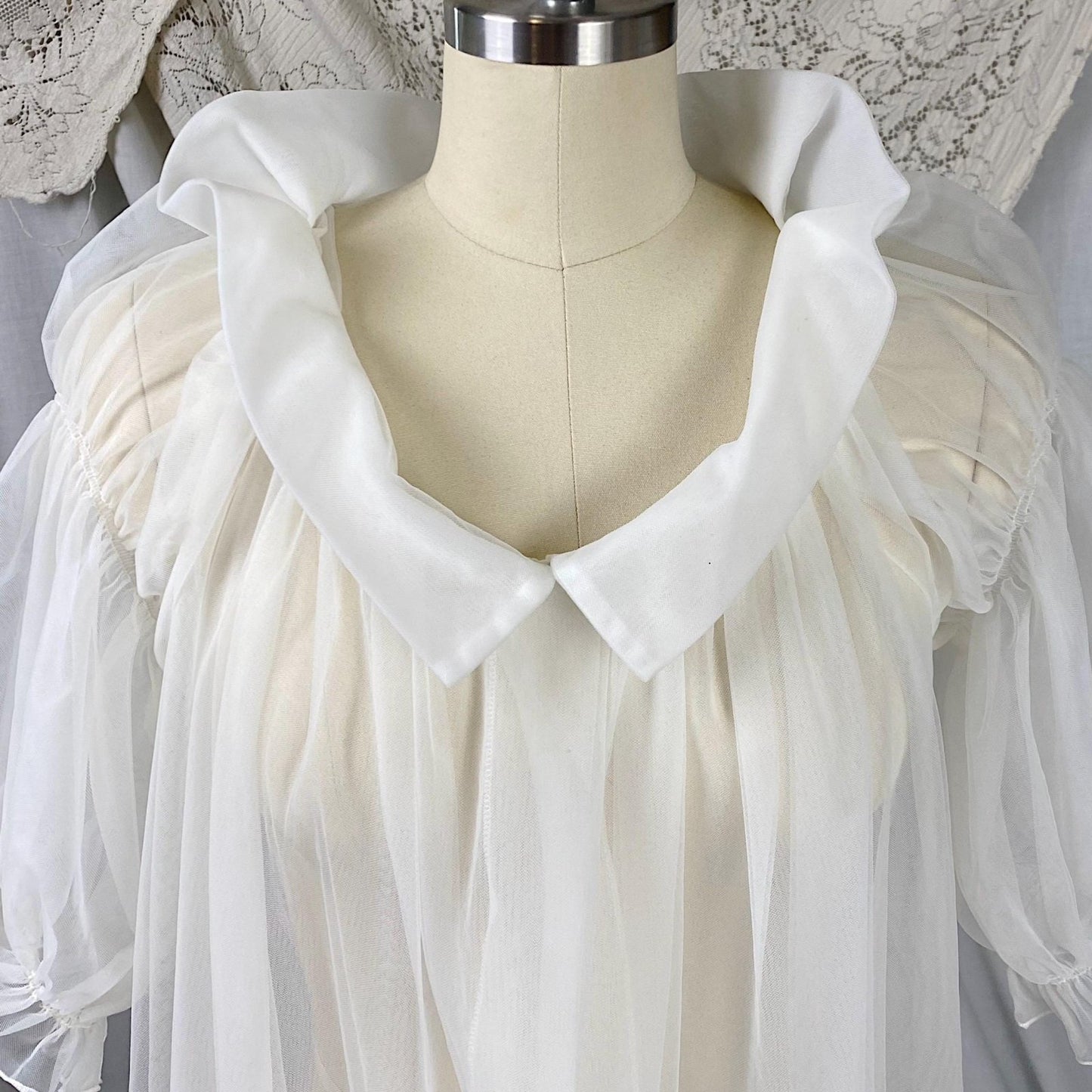 Vintage 1950's Peignoir Robe | Sheer White Nylon Tulle with Puffed Sleeves & Portrait Collar | Size S, M | By Vanity Fair - Daggers & Dames