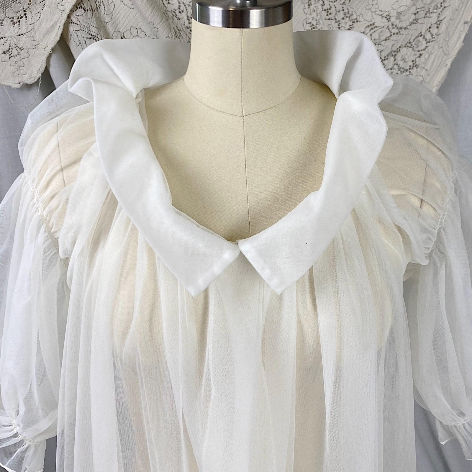 Vintage 1950's Peignoir Robe | Sheer White Nylon Tulle with Puffed Sleeves & Portrait Collar | Size S, M | By Vanity Fair - Daggers & Dames
