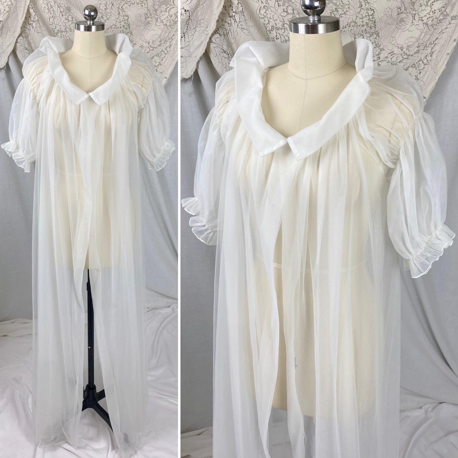 Vintage 1950's Peignoir Robe | Sheer White Nylon Tulle with Puffed Sleeves & Portrait Collar | Size S, M | By Vanity Fair - Daggers & Dames