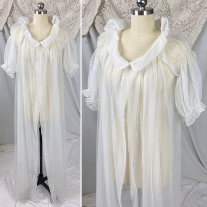 Vintage 1950's Peignoir Robe | Sheer White Nylon Tulle with Puffed Sleeves & Portrait Collar | Size S, M | By Vanity Fair - Daggers & Dames