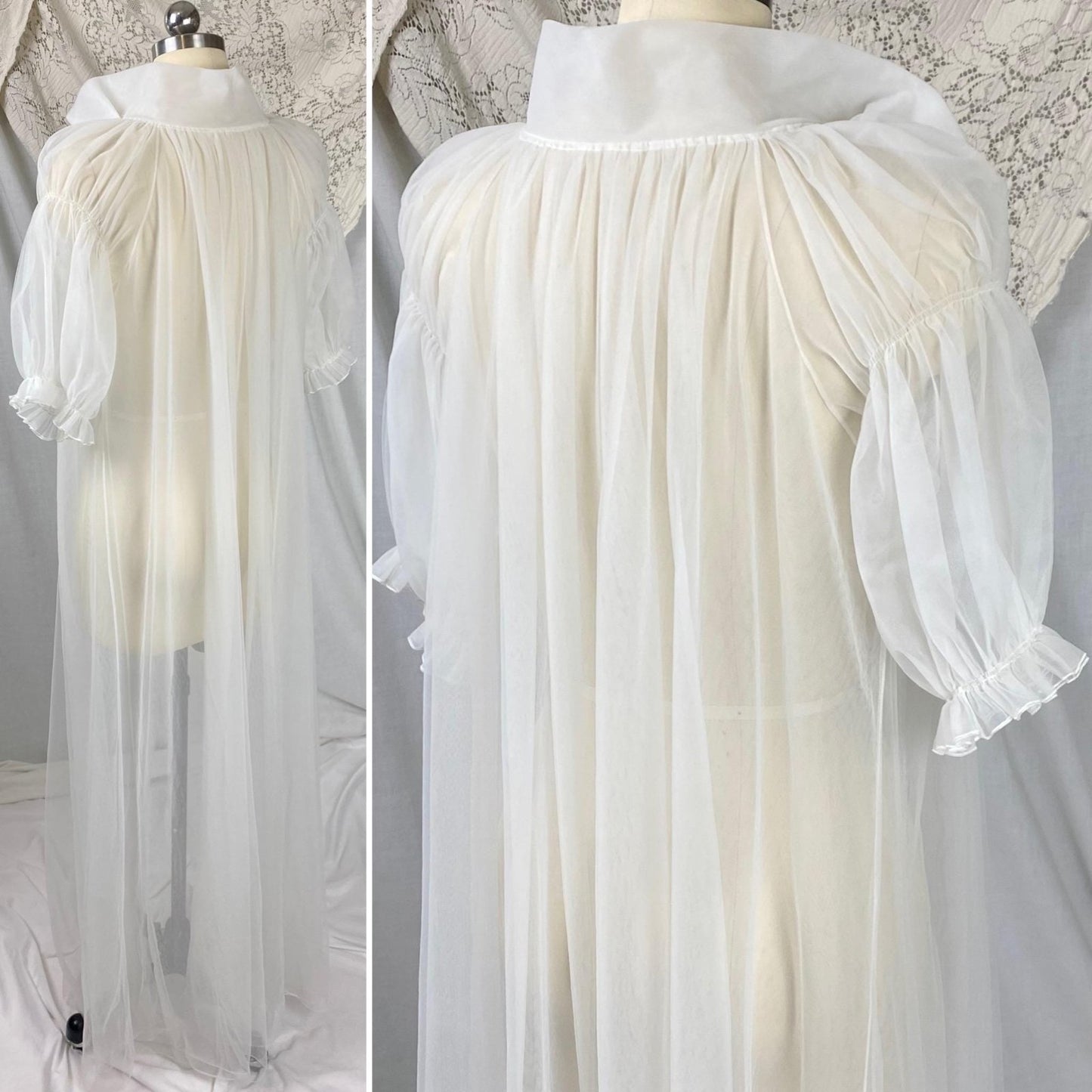 Vintage 1950's Peignoir Robe | Sheer White Nylon Tulle with Puffed Sleeves & Portrait Collar | Size S, M | By Vanity Fair - Daggers & Dames