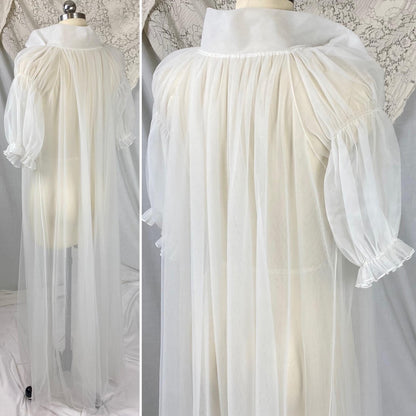 Vintage 1950's Peignoir Robe | Sheer White Nylon Tulle with Puffed Sleeves & Portrait Collar | Size S, M | By Vanity Fair - Daggers & Dames