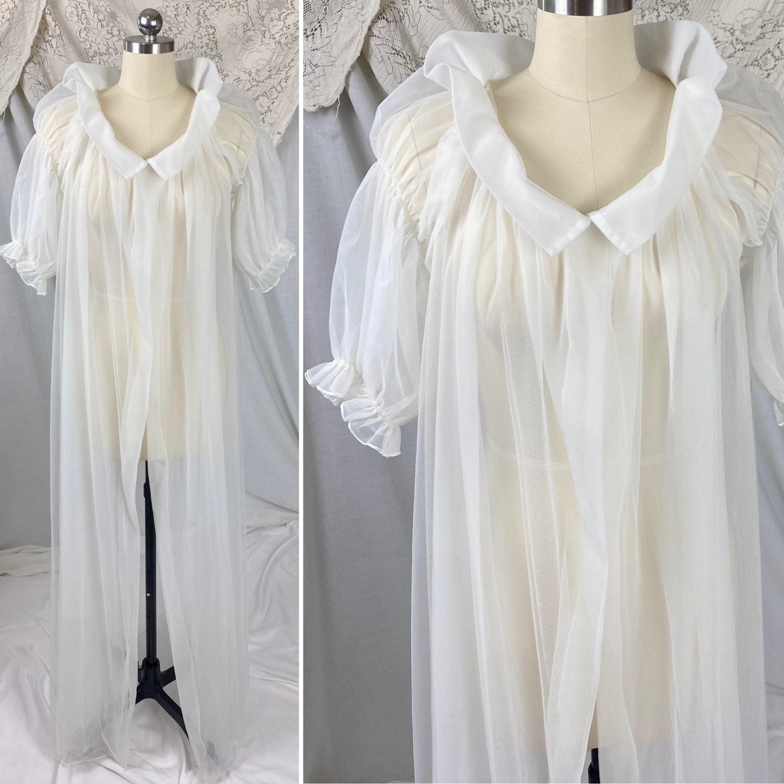 Vintage 1950's Peignoir Robe | Sheer White Nylon Tulle with Puffed Sleeves & Portrait Collar | Size S, M | By Vanity Fair - Daggers & Dames