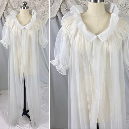 Vintage 1950's Peignoir Robe | Sheer White Nylon Tulle with Puffed Sleeves & Portrait Collar | Size S, M | By Vanity Fair - Daggers & Dames