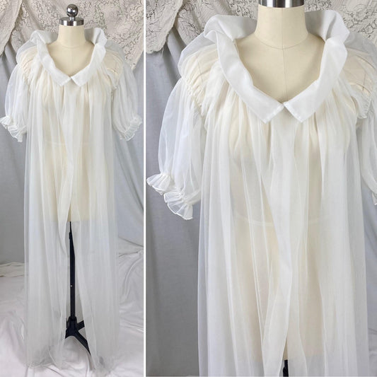 Vintage 1950's Peignoir Robe | Sheer White Nylon Tulle with Puffed Sleeves & Portrait Collar | Size S, M | By Vanity Fair - Daggers & Dames