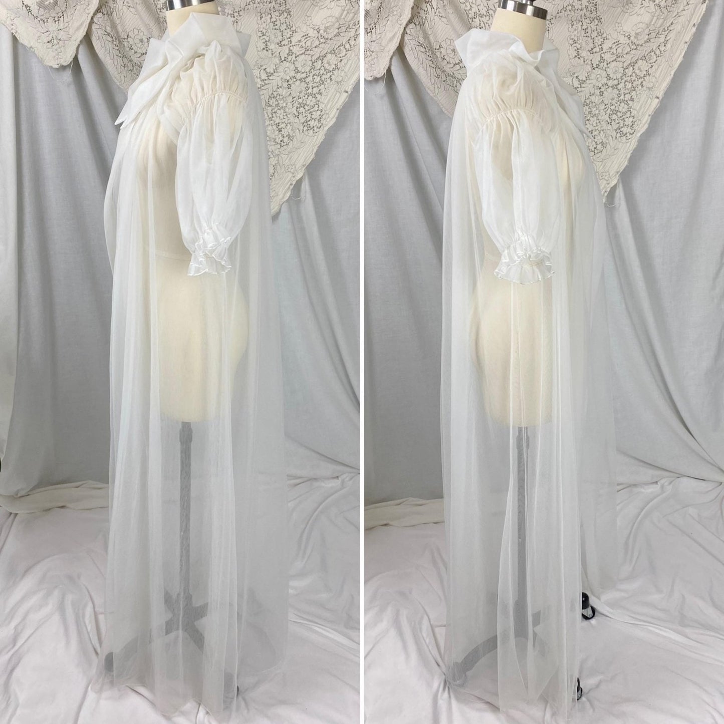 Vintage 1950's Peignoir Robe | Sheer White Nylon Tulle with Puffed Sleeves & Portrait Collar | Size S, M | By Vanity Fair - Daggers & Dames