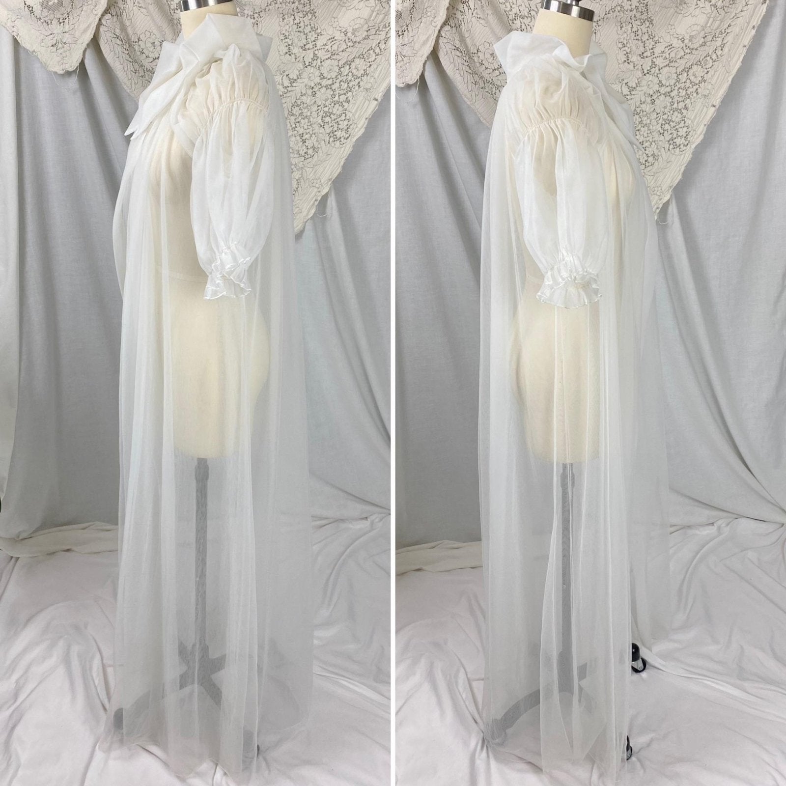 Vintage 1950's Peignoir Robe | Sheer White Nylon Tulle with Puffed Sleeves & Portrait Collar | Size S, M | By Vanity Fair - Daggers & Dames