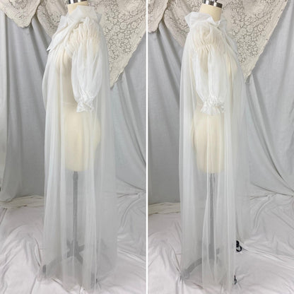 Vintage 1950's Peignoir Robe | Sheer White Nylon Tulle with Puffed Sleeves & Portrait Collar | Size S, M | By Vanity Fair - Daggers & Dames
