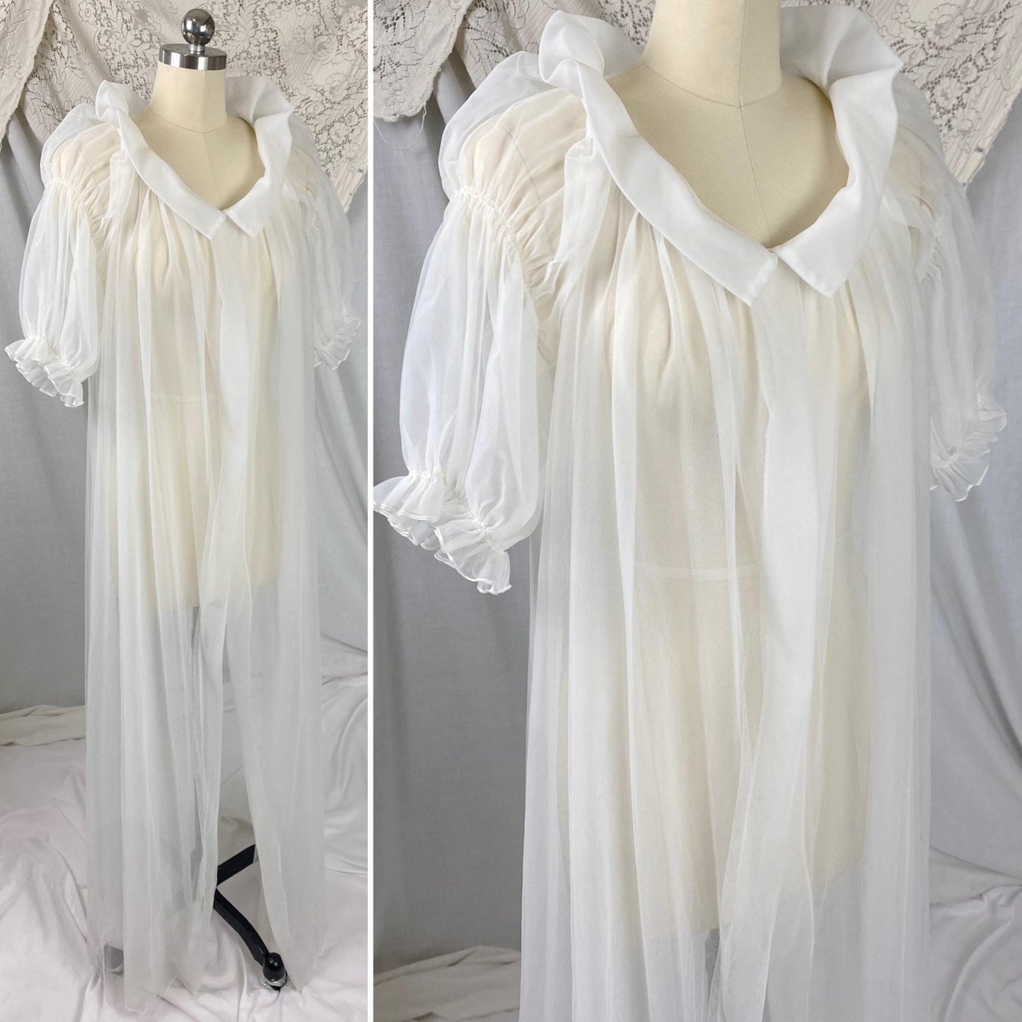 Vintage 1950's Peignoir Robe | Sheer White Nylon Tulle with Puffed Sleeves & Portrait Collar | Size S, M | By Vanity Fair - Daggers & Dames