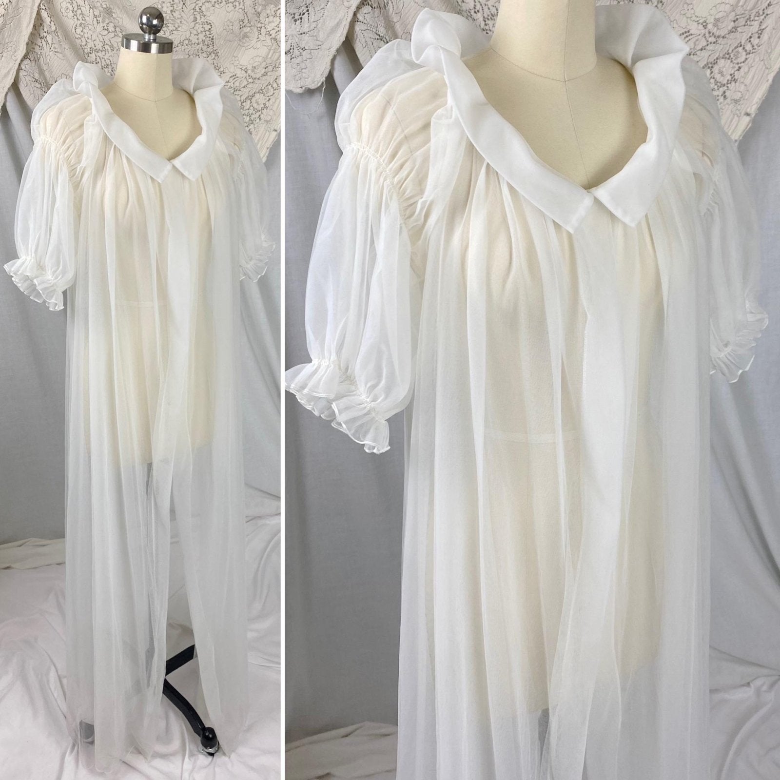 Vintage 1950's Peignoir Robe | Sheer White Nylon Tulle with Puffed Sleeves & Portrait Collar | Size S, M | By Vanity Fair - Daggers & Dames