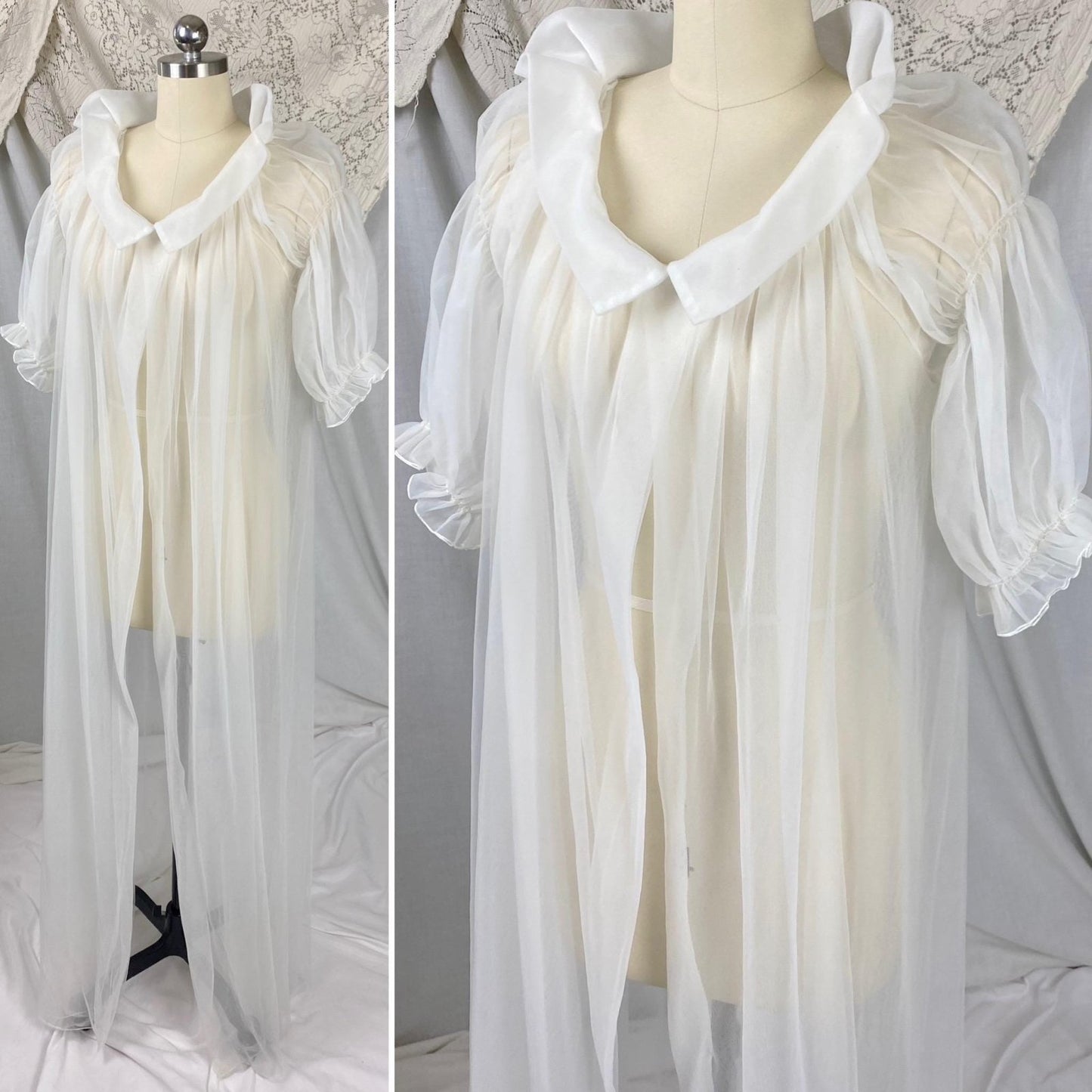 Vintage 1950's Peignoir Robe | Sheer White Nylon Tulle with Puffed Sleeves & Portrait Collar | Size S, M | By Vanity Fair - Daggers & Dames