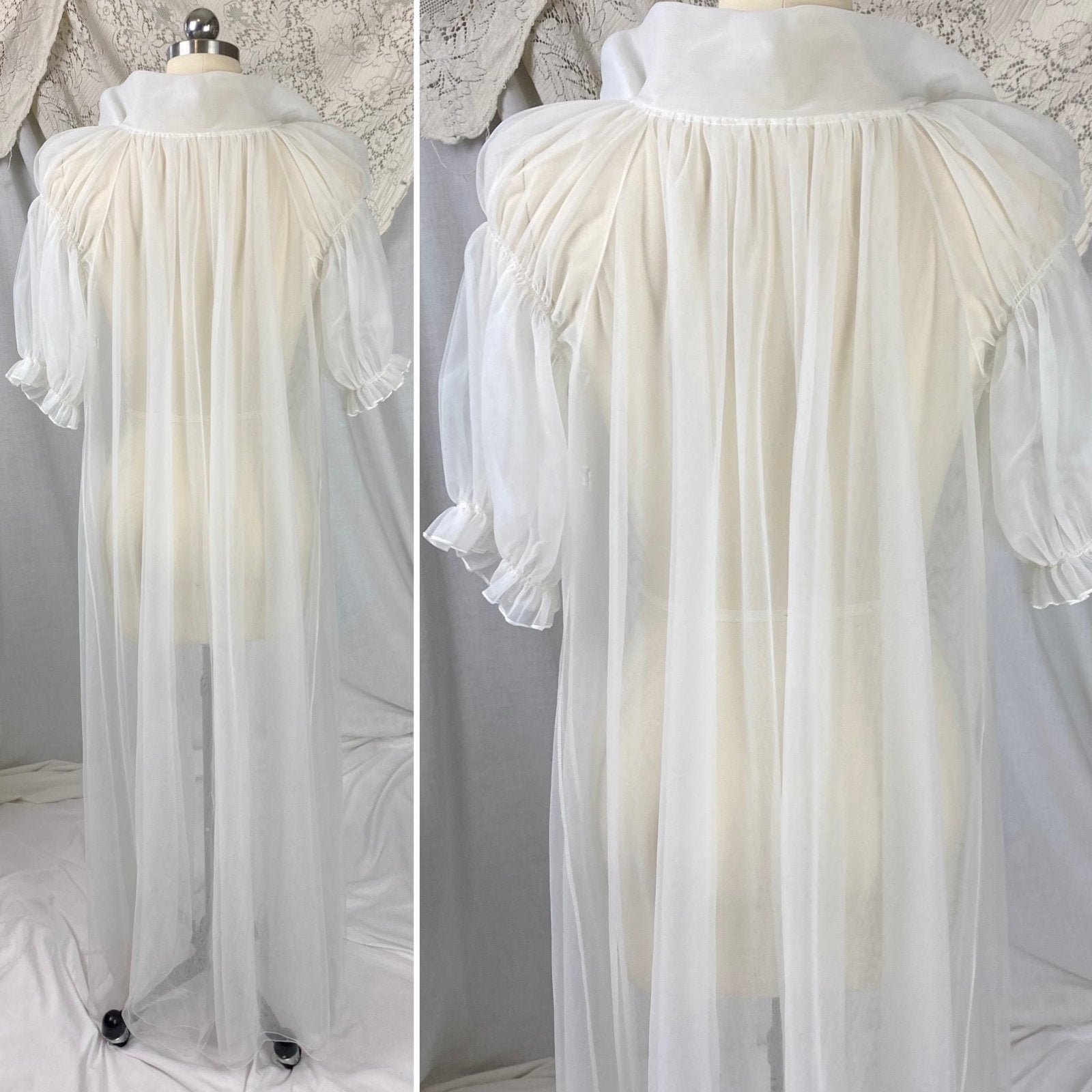 Vintage 1950's Peignoir Robe | Sheer White Nylon Tulle with Puffed Sleeves & Portrait Collar | Size S, M | By Vanity Fair - Daggers & Dames