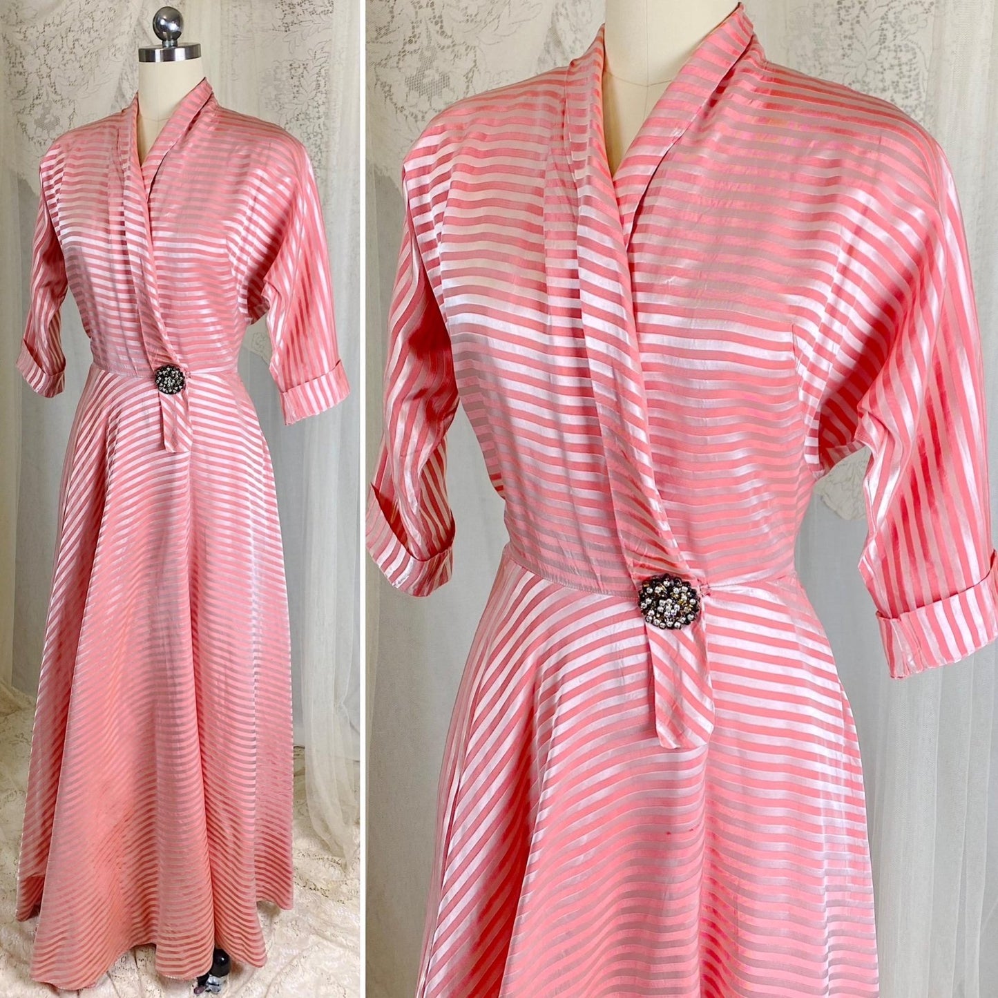 Vintage 1950's Robe - Bold Berry & Powder Pink Satin Brocade with Rhinestone Brooch - Size S, M - By Maxan - Daggers & Dames