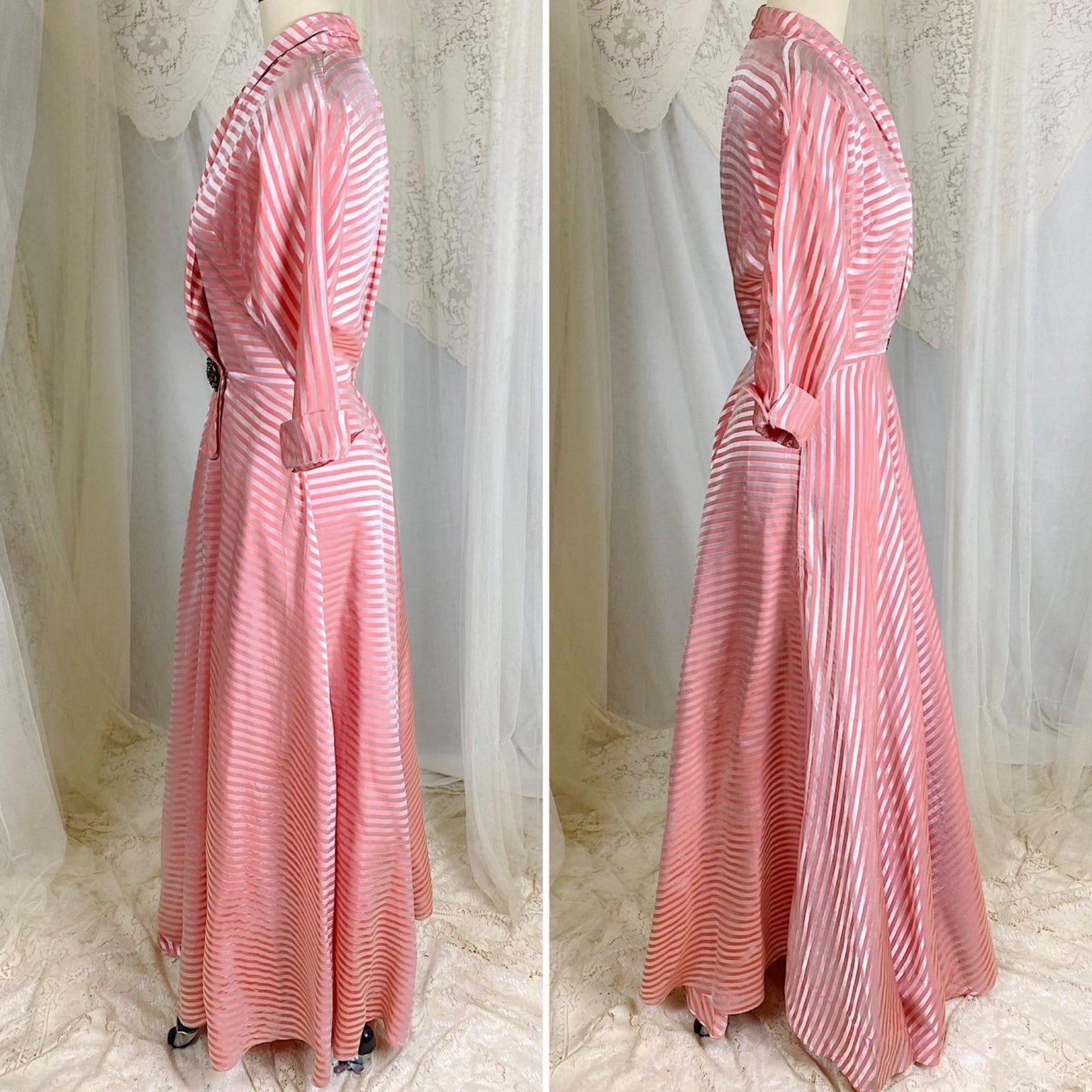 Vintage 1950's Robe - Bold Berry & Powder Pink Satin Brocade with Rhinestone Brooch - Size S, M - By Maxan - Daggers & Dames