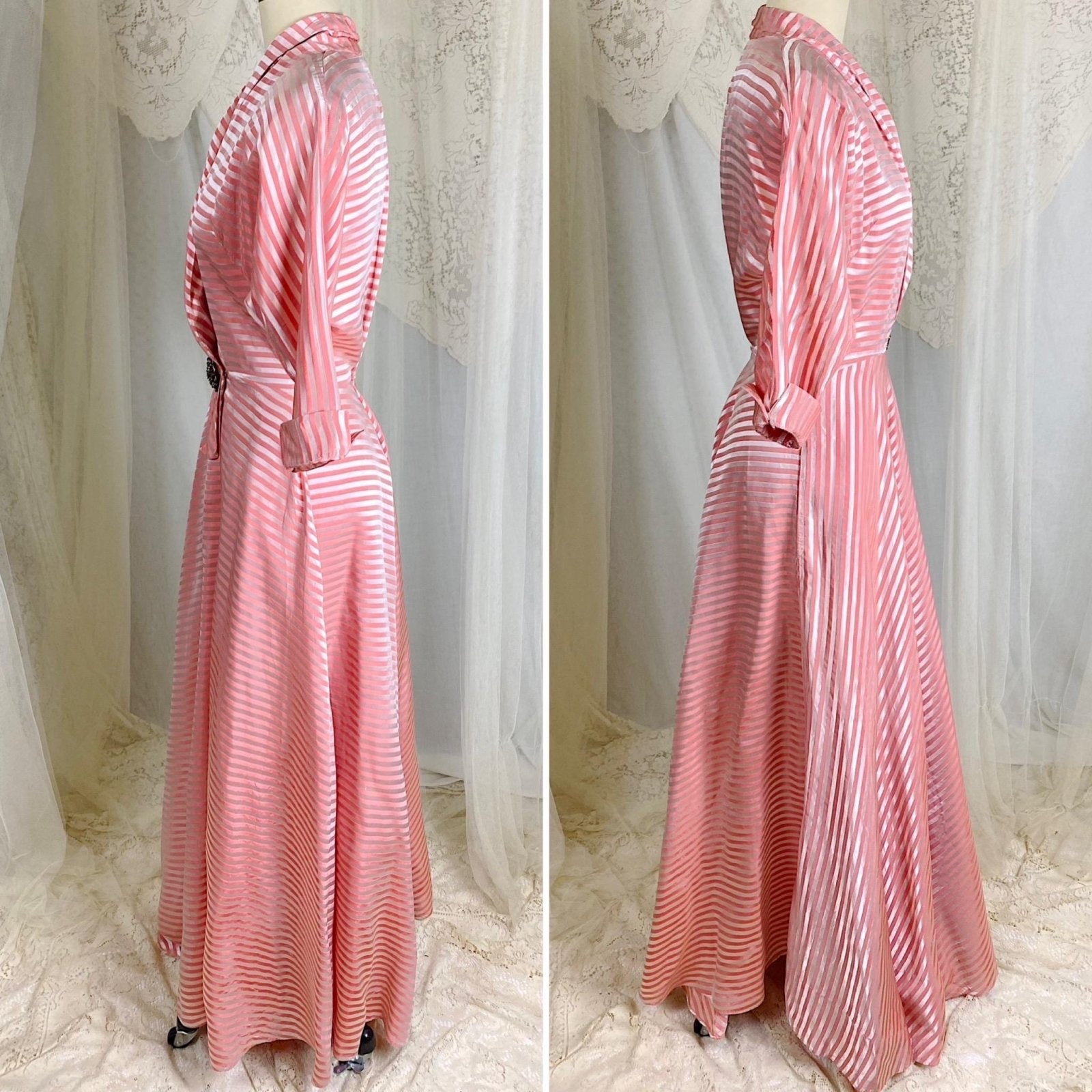 Vintage 1950's Robe - Bold Berry & Powder Pink Satin Brocade with Rhinestone Brooch - Size S, M - By Maxan - Daggers & Dames