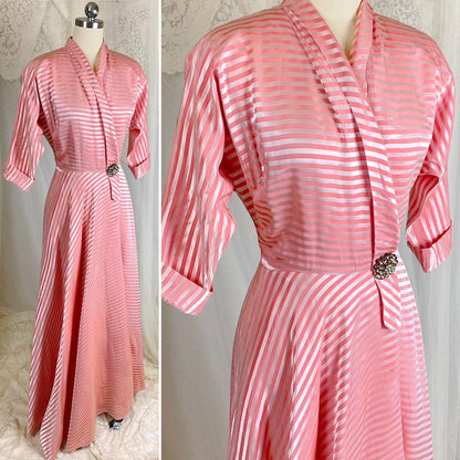 Vintage 1950's Robe - Bold Berry & Powder Pink Satin Brocade with Rhinestone Brooch - Size S, M - By Maxan - Daggers & Dames