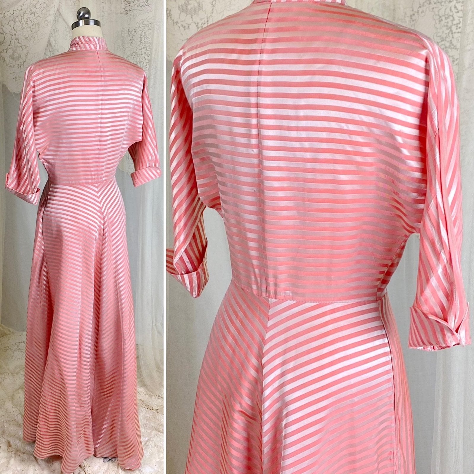 Vintage 1950's Robe - Bold Berry & Powder Pink Satin Brocade with Rhinestone Brooch - Size S, M - By Maxan - Daggers & Dames