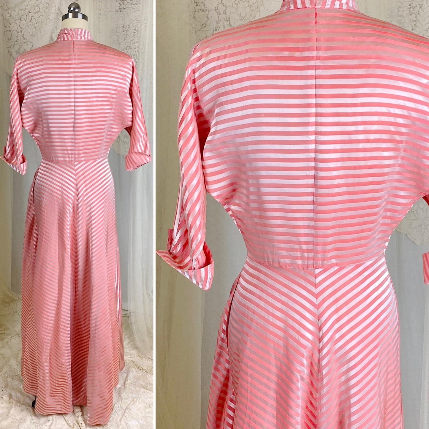 Vintage 1950's Robe - Bold Berry & Powder Pink Satin Brocade with Rhinestone Brooch - Size S, M - By Maxan - Daggers & Dames