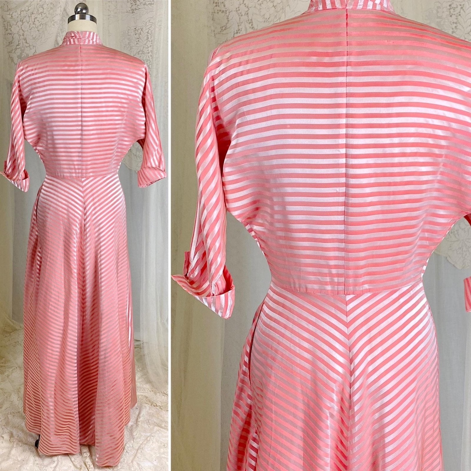 Vintage 1950's Robe - Bold Berry & Powder Pink Satin Brocade with Rhinestone Brooch - Size S, M - By Maxan - Daggers & Dames