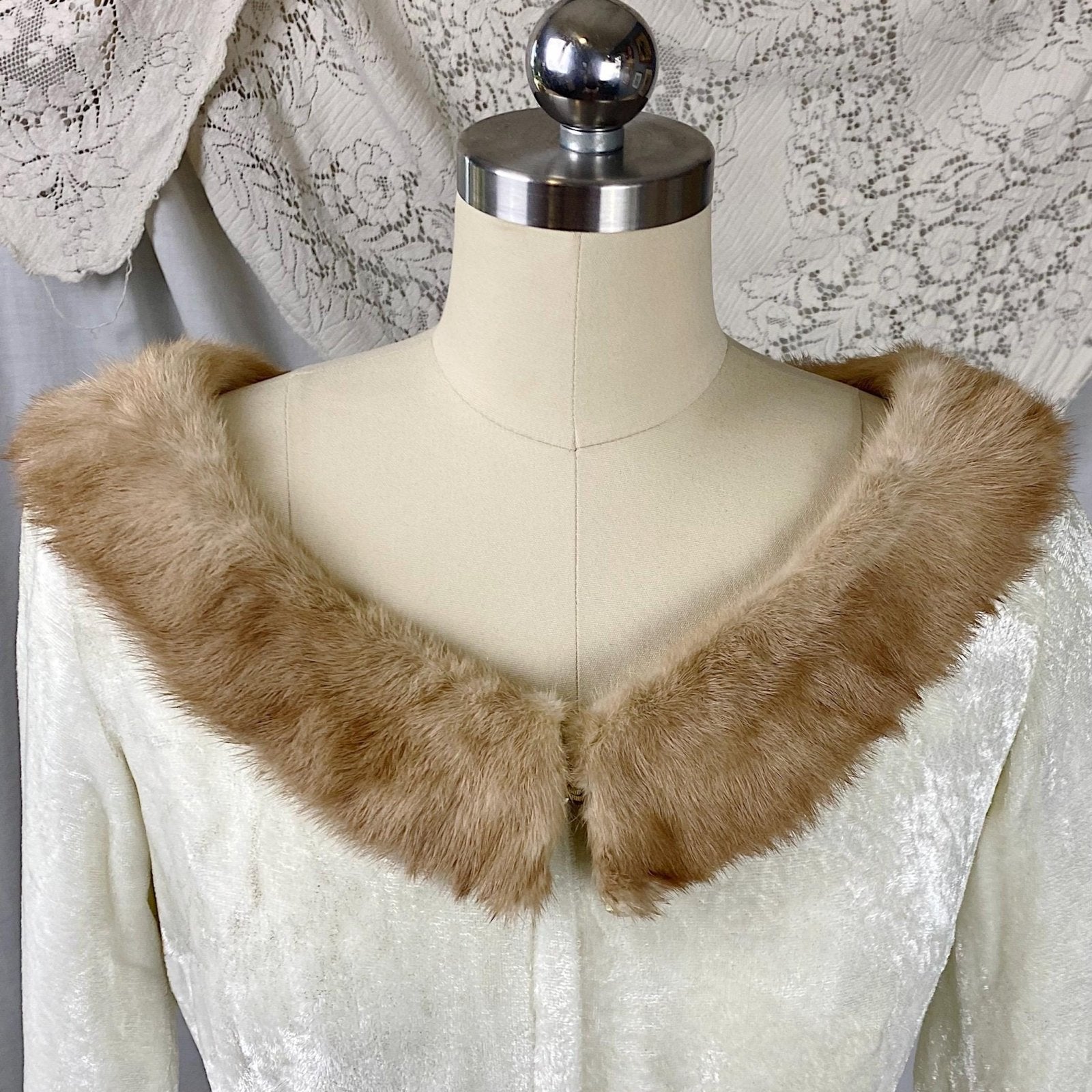 Vintage 1950's Robe | White Rayon Velvet with Blonde Mink Collar & Satin Lining | Size XS, S | By Bard's Toronto - Daggers & Dames