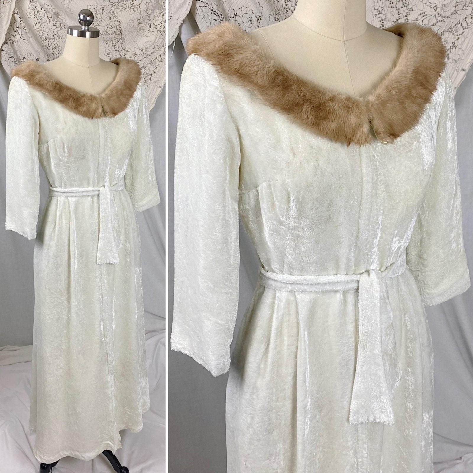 Vintage 1950's Robe | White Rayon Velvet with Blonde Mink Collar & Satin Lining | Size XS, S | By Bard's Toronto - Daggers & Dames