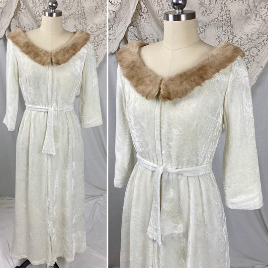 Vintage 1950's Robe | White Rayon Velvet with Blonde Mink Collar & Satin Lining | Size XS, S | By Bard's Toronto - Daggers & Dames