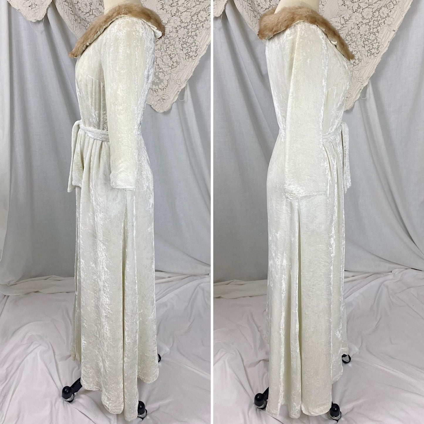 Vintage 1950's Robe | White Rayon Velvet with Blonde Mink Collar & Satin Lining | Size XS, S | By Bard's Toronto - Daggers & Dames
