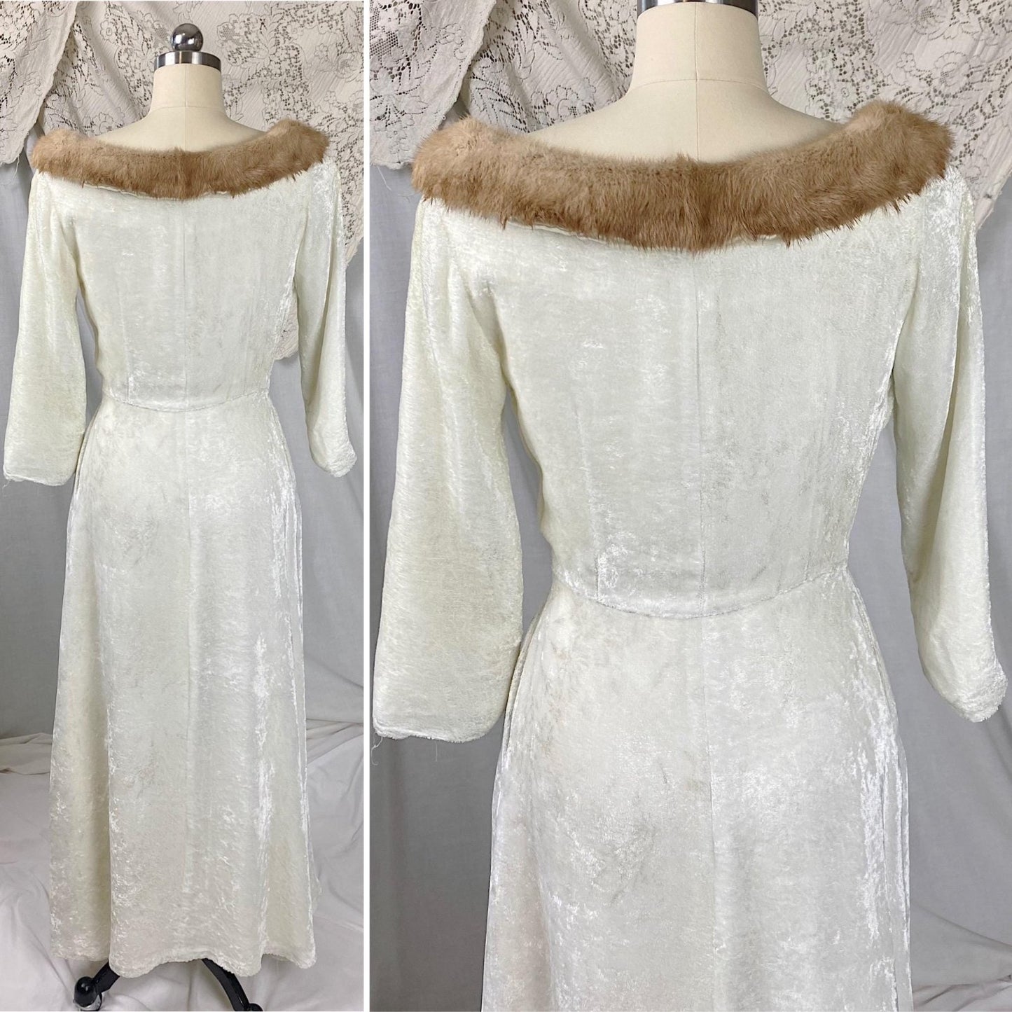 Vintage 1950's Robe | White Rayon Velvet with Blonde Mink Collar & Satin Lining | Size XS, S | By Bard's Toronto - Daggers & Dames