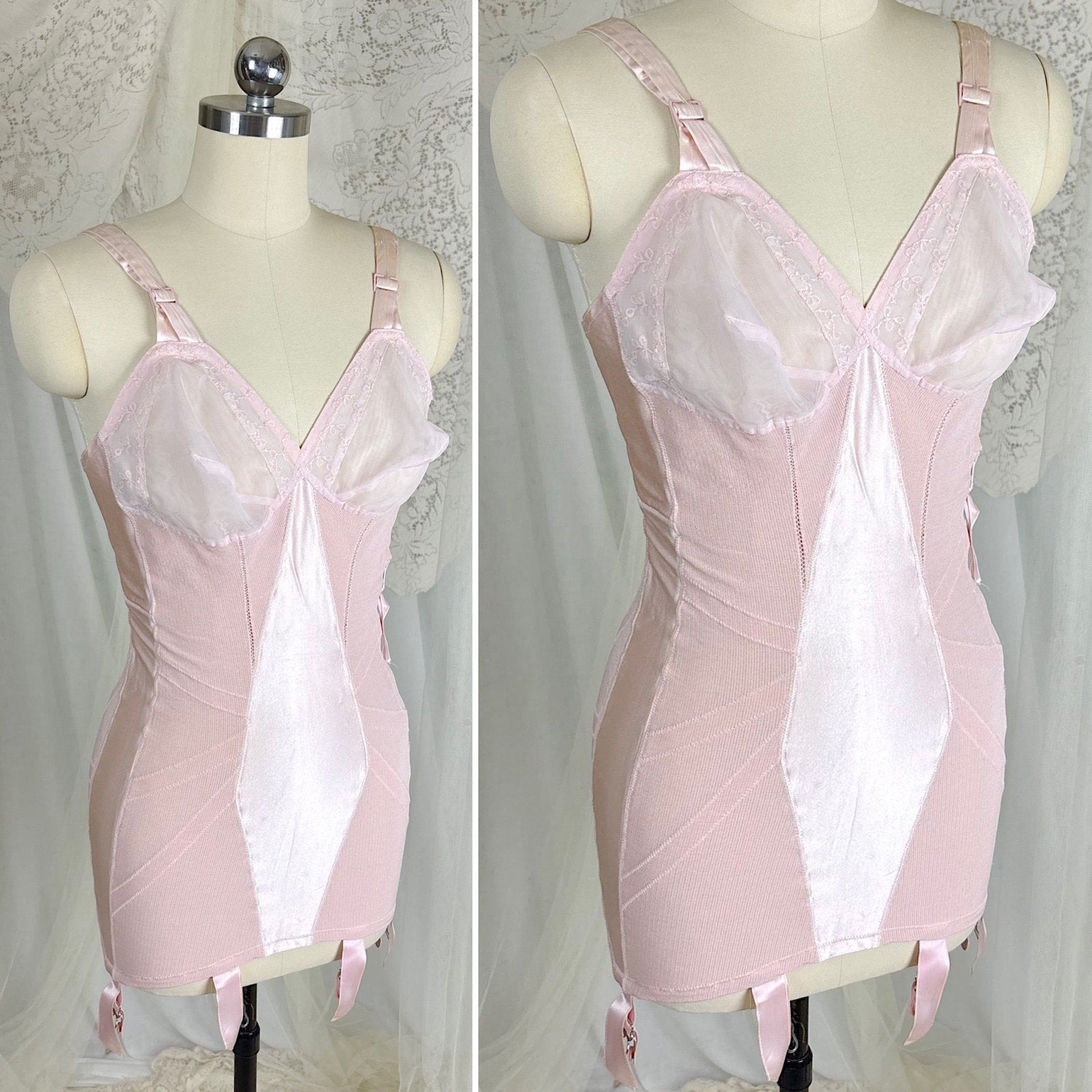 Vintage 1950's Rose Pink Rayon Satin All - in - One Girdle - By Promise by Poirette, size S, M - Daggers & Dames