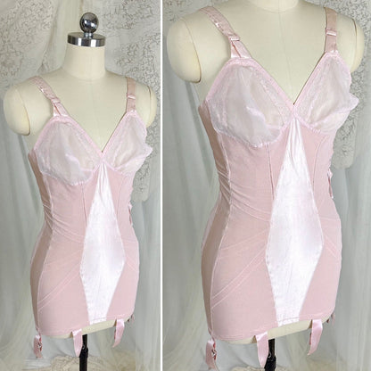 Vintage 1950's Rose Pink Rayon Satin All - in - One Girdle - By Promise by Poirette, size S, M - Daggers & Dames