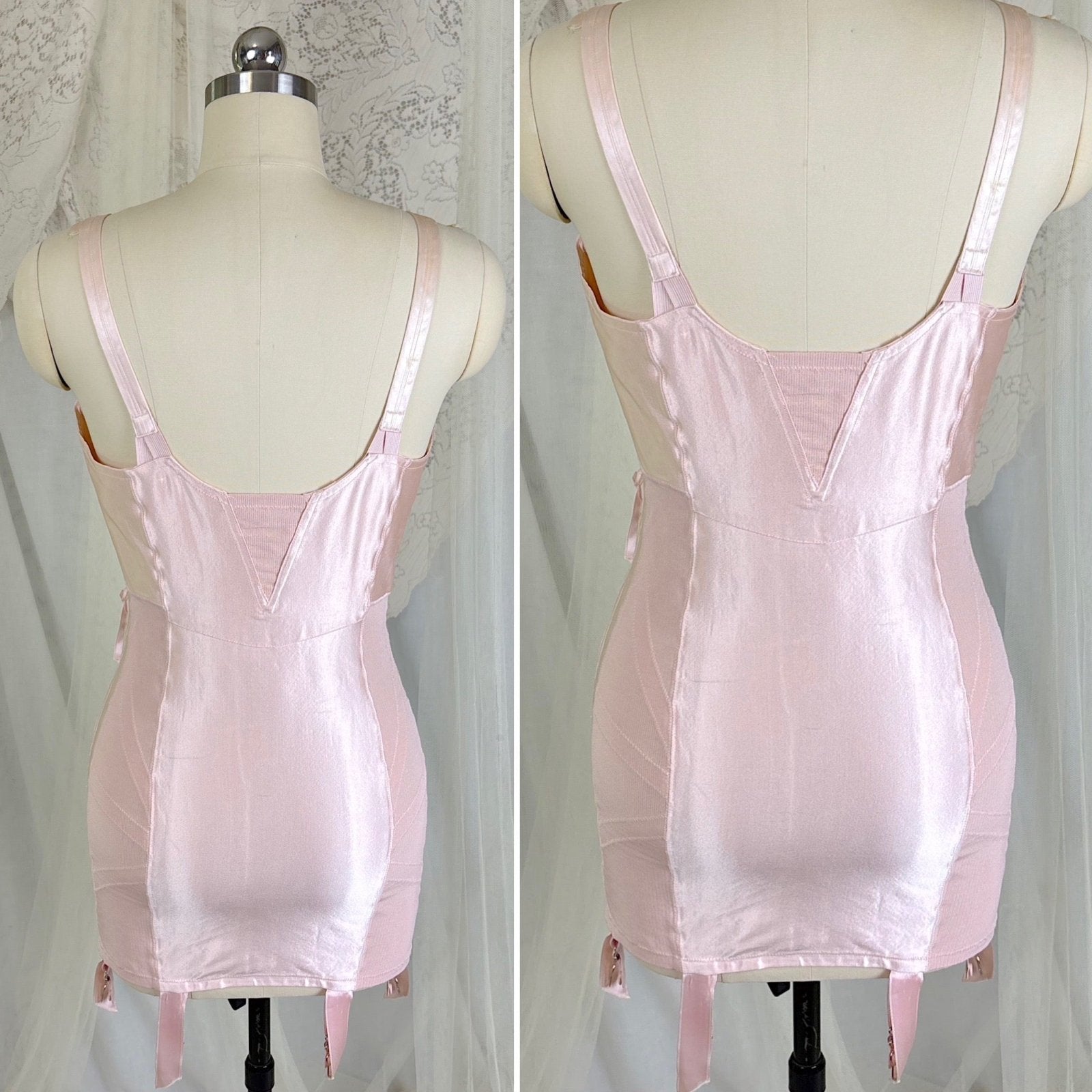 Vintage 1950's Rose Pink Rayon Satin All - in - One Girdle - By Promise by Poirette, size S, M - Daggers & Dames