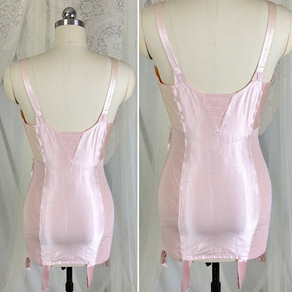 Vintage 1950's Rose Pink Rayon Satin All - in - One Girdle - By Promise by Poirette, size S, M - Daggers & Dames