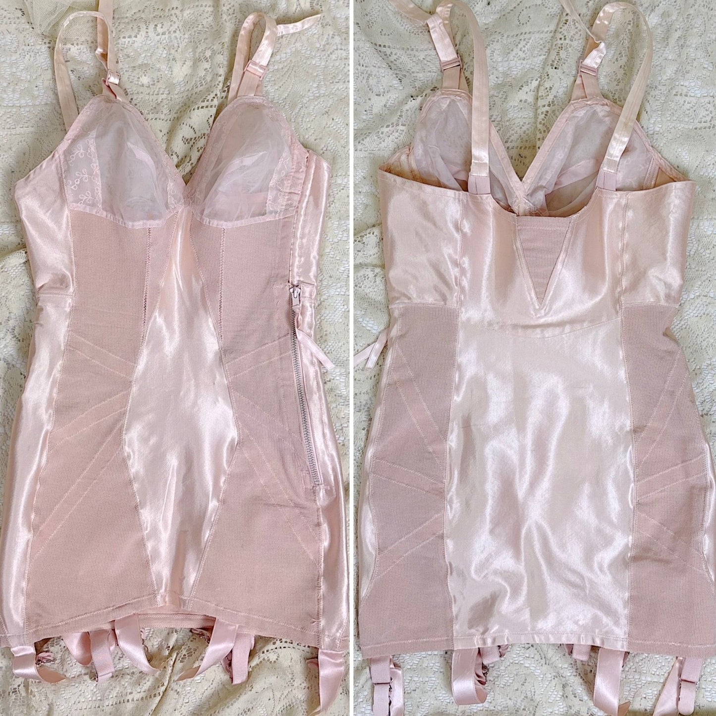 Vintage 1950's Rose Pink Rayon Satin All - in - One Girdle - By Promise by Poirette, size S, M - Daggers & Dames