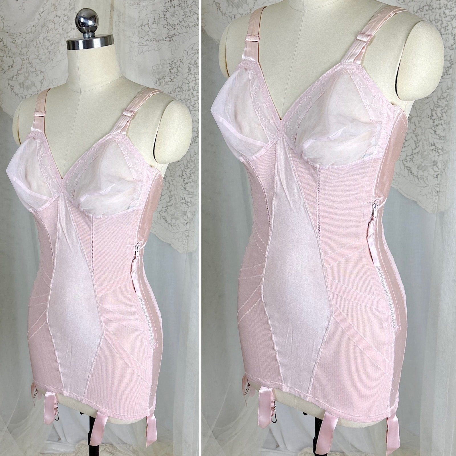 Vintage 1950's Rose Pink Rayon Satin All - in - One Girdle - By Promise by Poirette, size S, M - Daggers & Dames