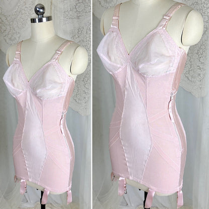 Vintage 1950's Rose Pink Rayon Satin All - in - One Girdle - By Promise by Poirette, size S, M - Daggers & Dames