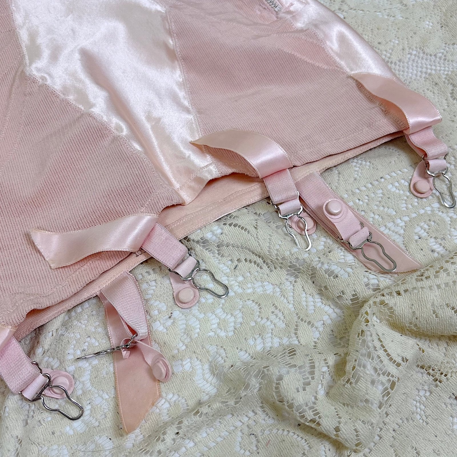 Vintage 1950's Rose Pink Rayon Satin All - in - One Girdle - By Promise by Poirette, size S, M - Daggers & Dames