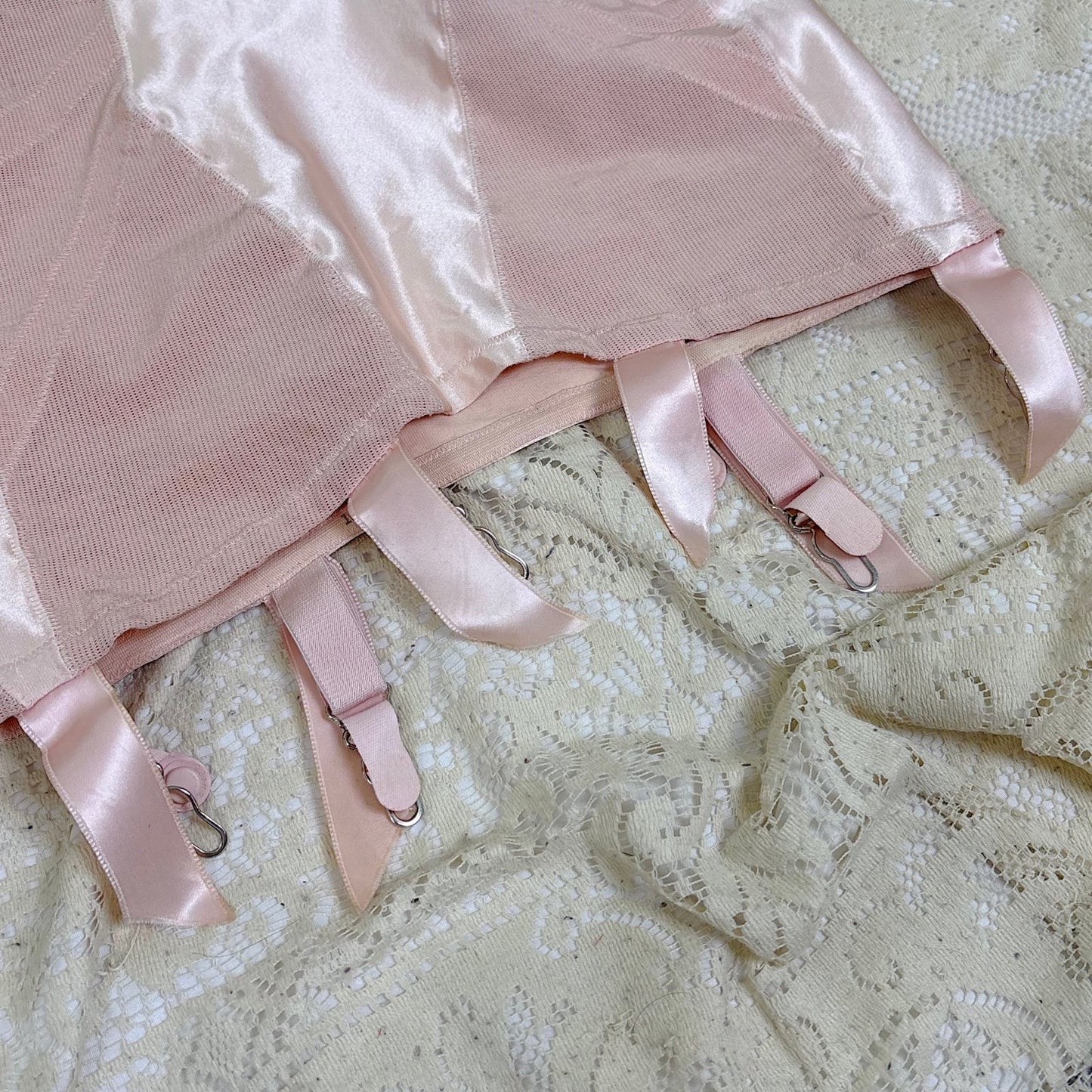 Vintage 1950's Rose Pink Rayon Satin All - in - One Girdle - By Promise by Poirette, size S, M - Daggers & Dames