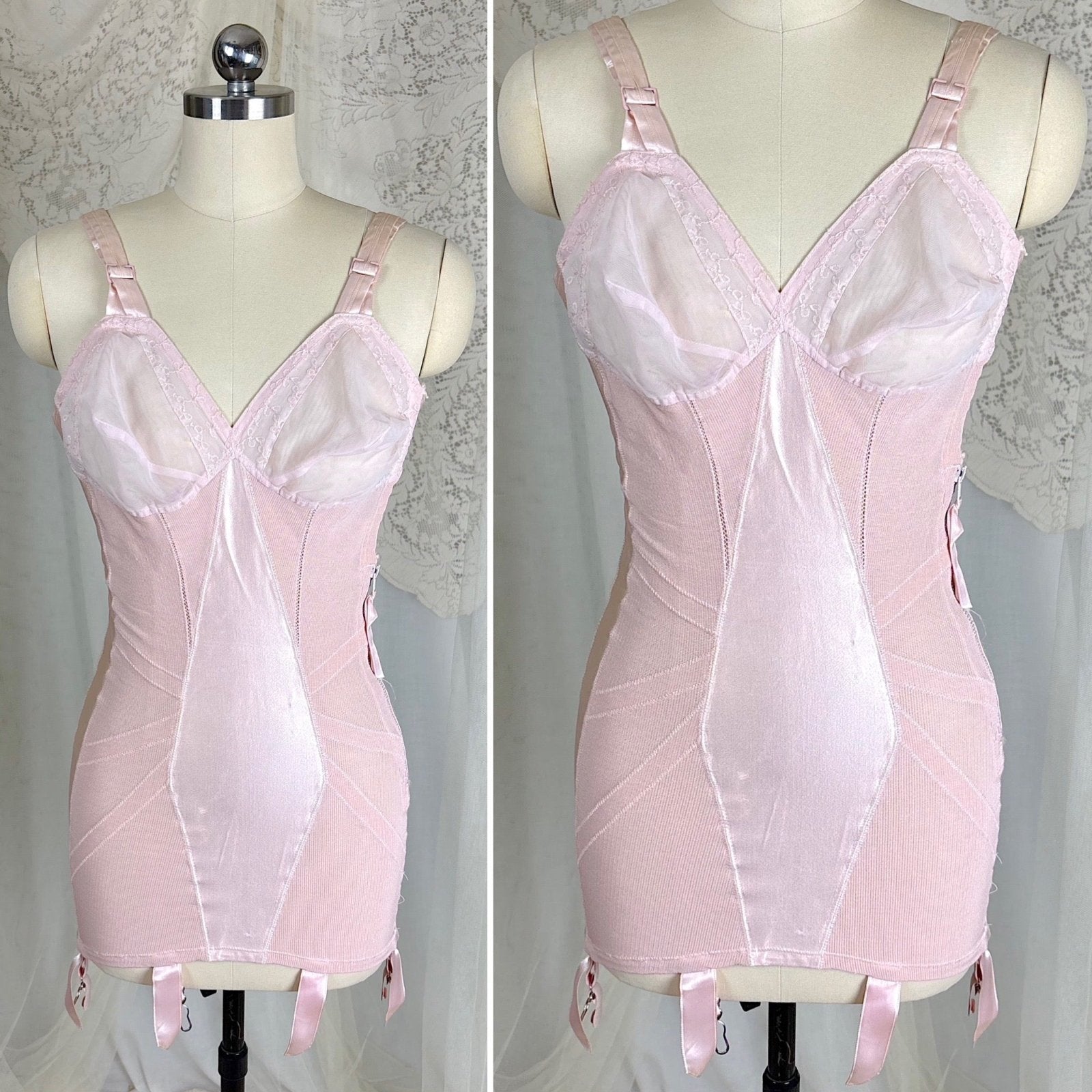 Vintage 1950's Rose Pink Rayon Satin All - in - One Girdle - By Promise by Poirette, size S, M - Daggers & Dames