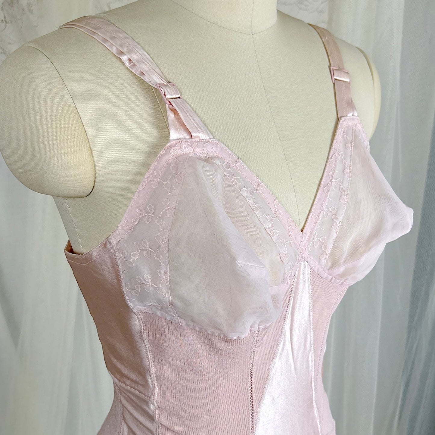 Vintage 1950's Rose Pink Rayon Satin All - in - One Girdle - By Promise by Poirette, size S, M - Daggers & Dames