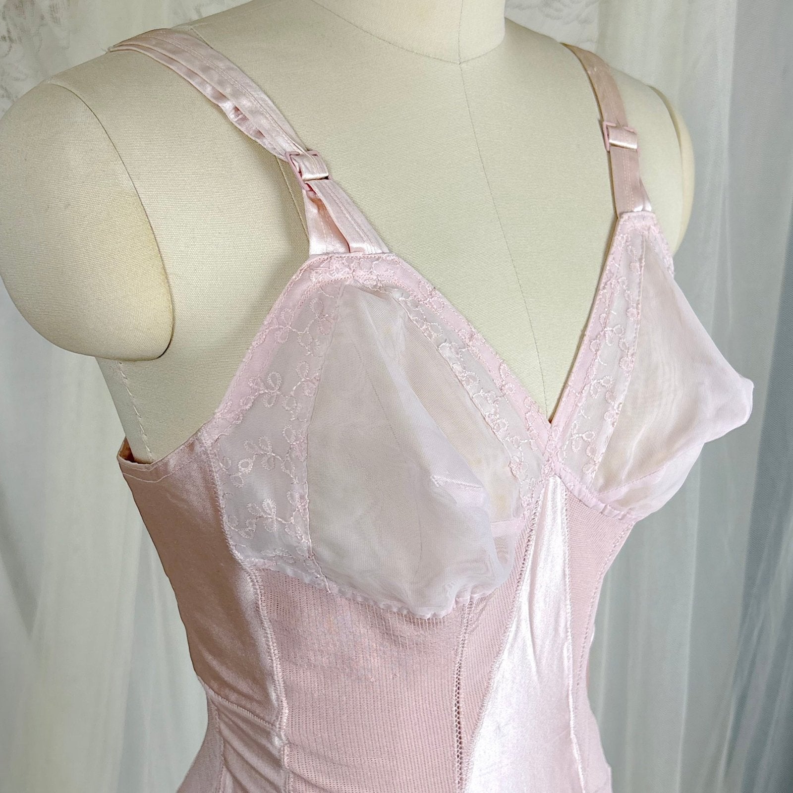 Vintage 1950's Rose Pink Rayon Satin All - in - One Girdle - By Promise by Poirette, size S, M - Daggers & Dames