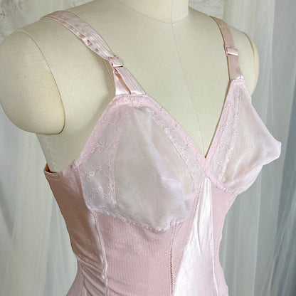Vintage 1950's Rose Pink Rayon Satin All - in - One Girdle - By Promise by Poirette, size S, M - Daggers & Dames