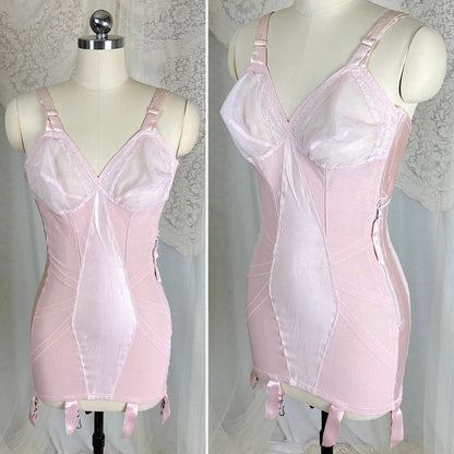 Vintage 1950's Rose Pink Rayon Satin All - in - One Girdle - By Promise by Poirette, size S, M - Daggers & Dames