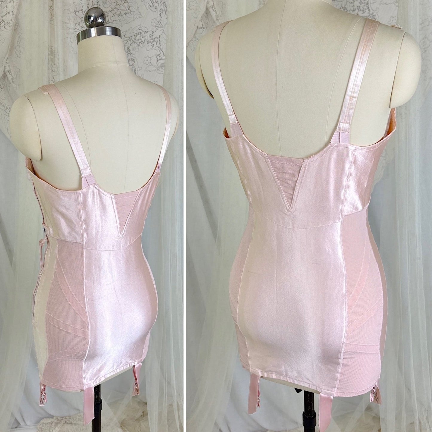 Vintage 1950's Rose Pink Rayon Satin All - in - One Girdle - By Promise by Poirette, size S, M - Daggers & Dames