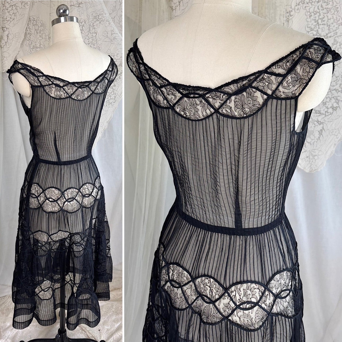 Vintage 1950's Sheer Black Rayon Chiffon with Chantilly Lace Inserts, size XS, S - Daggers & Dames